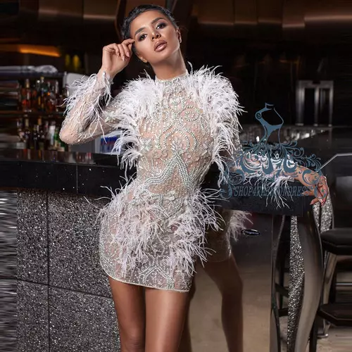 2021 High Neck Crystal Short Prom Luxury Beaded Long Sleeve Feather Dress