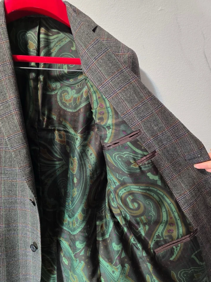 ETRO Milano Wool Blazer 48 Men Gray Check Plaid Made Italy Luxury Sport Coat - Image 4 of 4