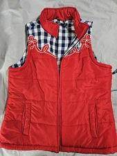 Cruel Denim Vest Womens Size XL Zip Red/Navy/White Puffer Pockets Embroidery