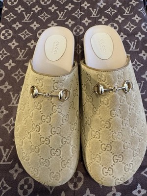 Men's Tan Suede Monogram GUCCI GG Horsebit Mule Size 44/10.5M No Box Pre Owned