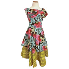 Red Cotton Ankara African Wax Print Dress Asymmetrical Fit Flare Sz 14 Fits M