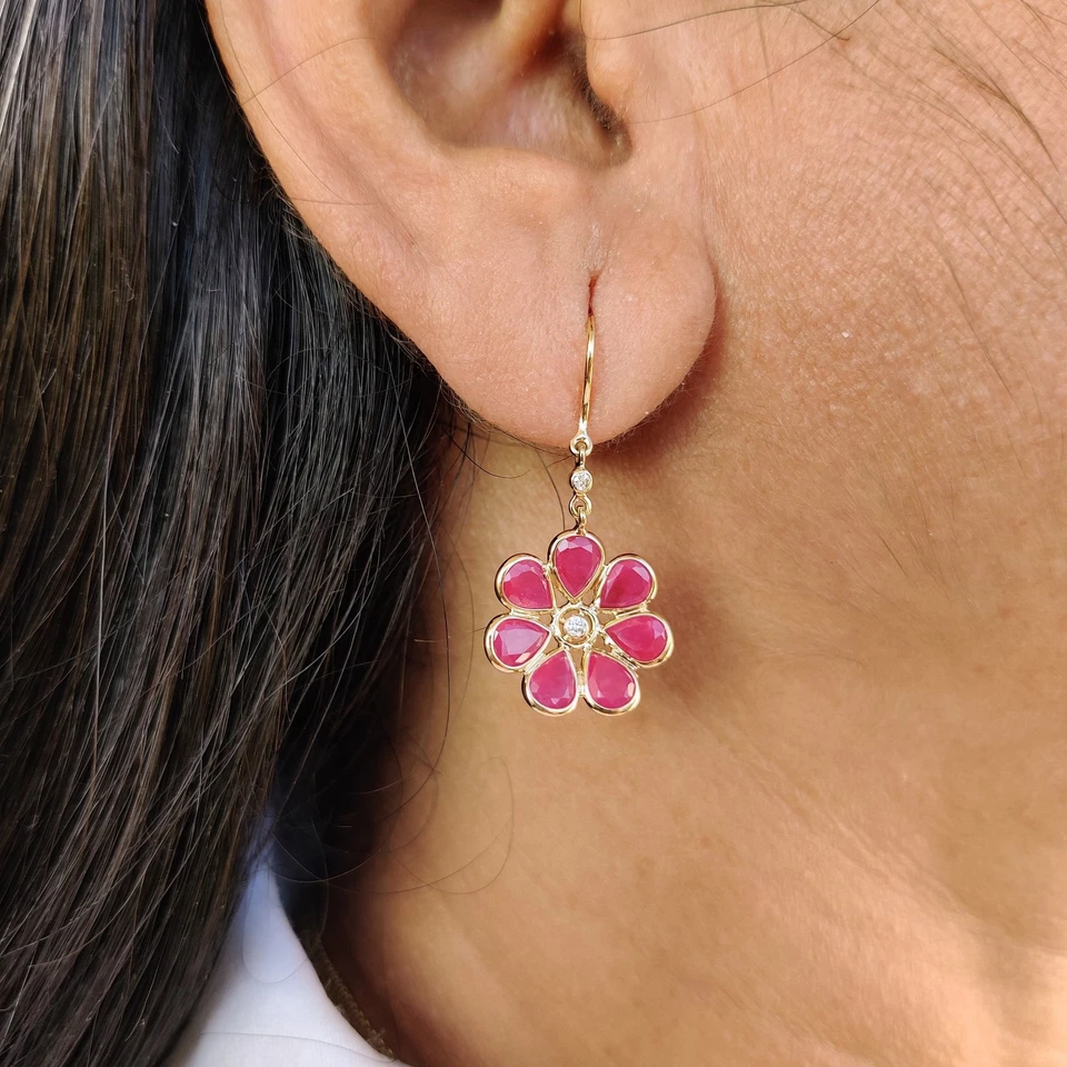 6.80 Ct Natural Ruby Flower Earrings 14K Solid Gold Dainty July Birthstone - Image 4 of 4