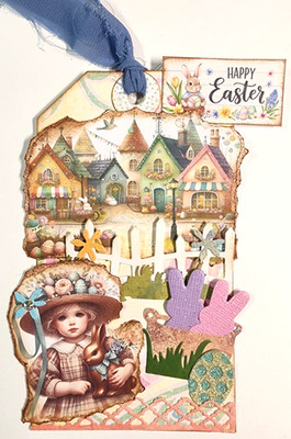 Happy Easter Village Girl Chocolate Bunny Peeps Basket OOAK #11  3D Handmade
