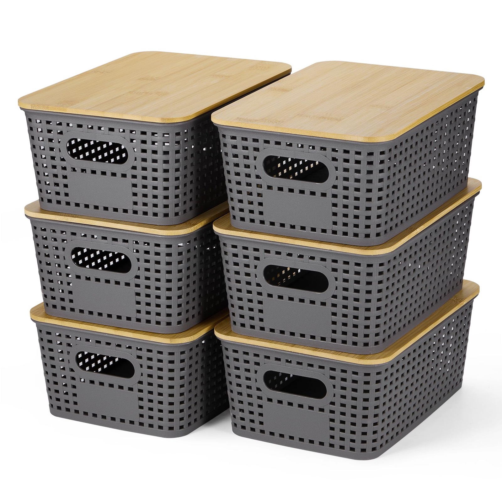 Stackable Plastic Storage Baskets with Bamboo Lids - Organizing Bins-image