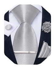 Mens Satin Tie with Lapel Pin Tie Clip Shiny Solid Color Necktie and Silver