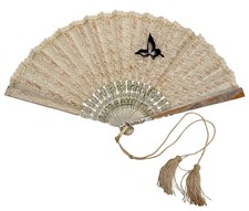 Antique Victorian Lace Butterfly Embroidered Tassel Mother of Pearl Ladies Fan