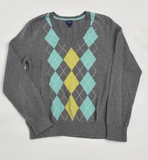 Izod Men  s Gray V-Neck Argyle Sweater with Teal and Yellow Diamonds Size L