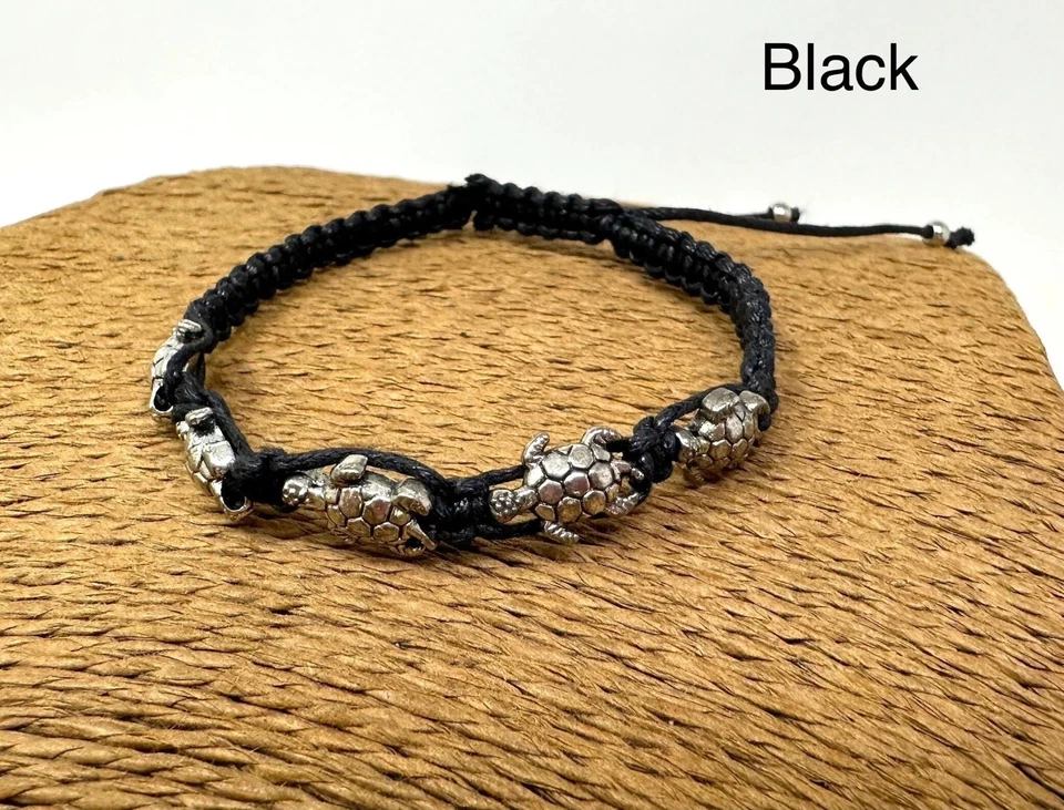 Pulsera Tortuga - Pulsera Macramé Ajustable con 5 Tortugas Tono Plata Foto 3 de 4