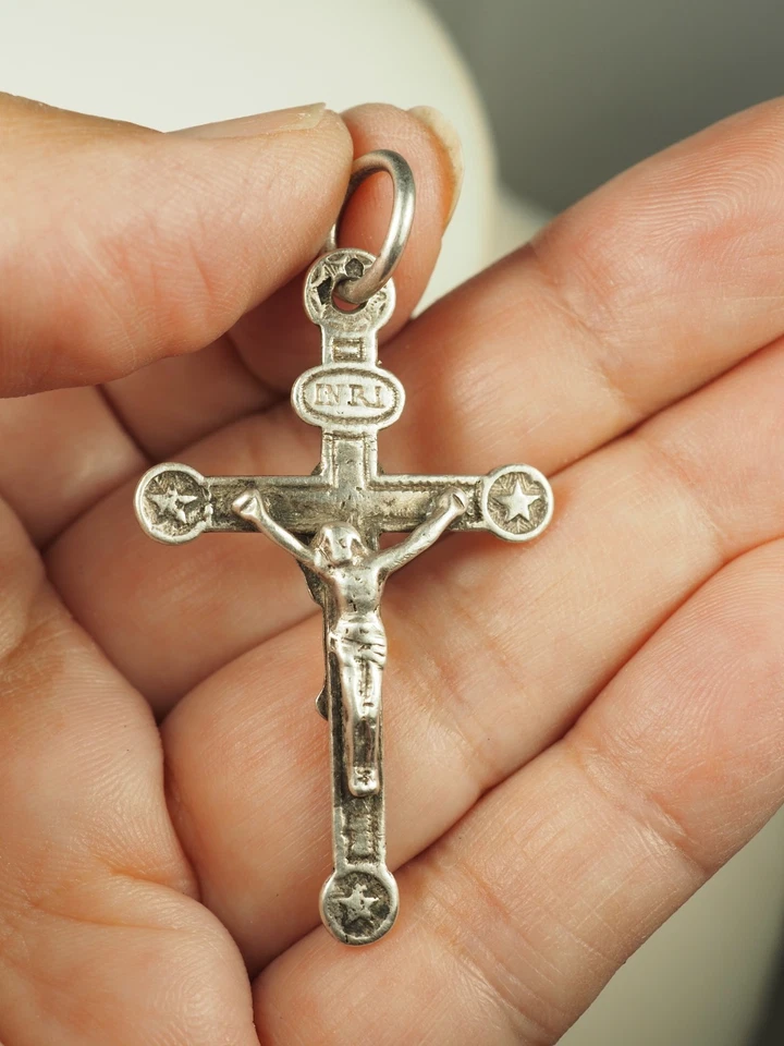 CROIX PENDENTIF ANCIEN ARGENT MASSIF ANTIQUE SILVER CROSS PENDANT - Photo 3/4