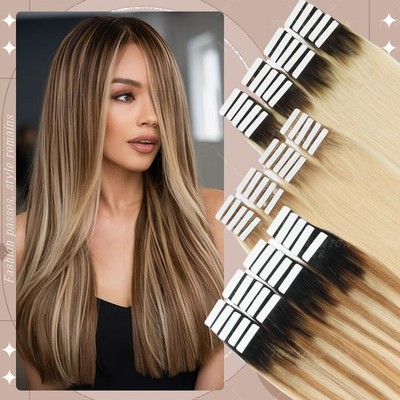 Full Head Tape in Remy Human Hair Extensions Virgin PU Skin Weft 20''22''24'' Ombre