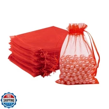 FUNFERY 100 Pcs Red Organza Bags 4x6 in, Small Mesh Drawstring Gift Bags for 