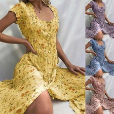 Women Summer Boho Long Maxi Beach Dress Ladies Breasted Party Floral Sundress