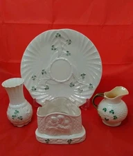 Belleek  Shamrock Shell Harp Luncheon Plate  Vase Nativity & Creamer Lot Display