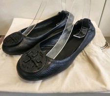 Tory Burch  "Reva" Black Pebbled Leather Medallion Ballet Flats sz.8 248 Dustbag