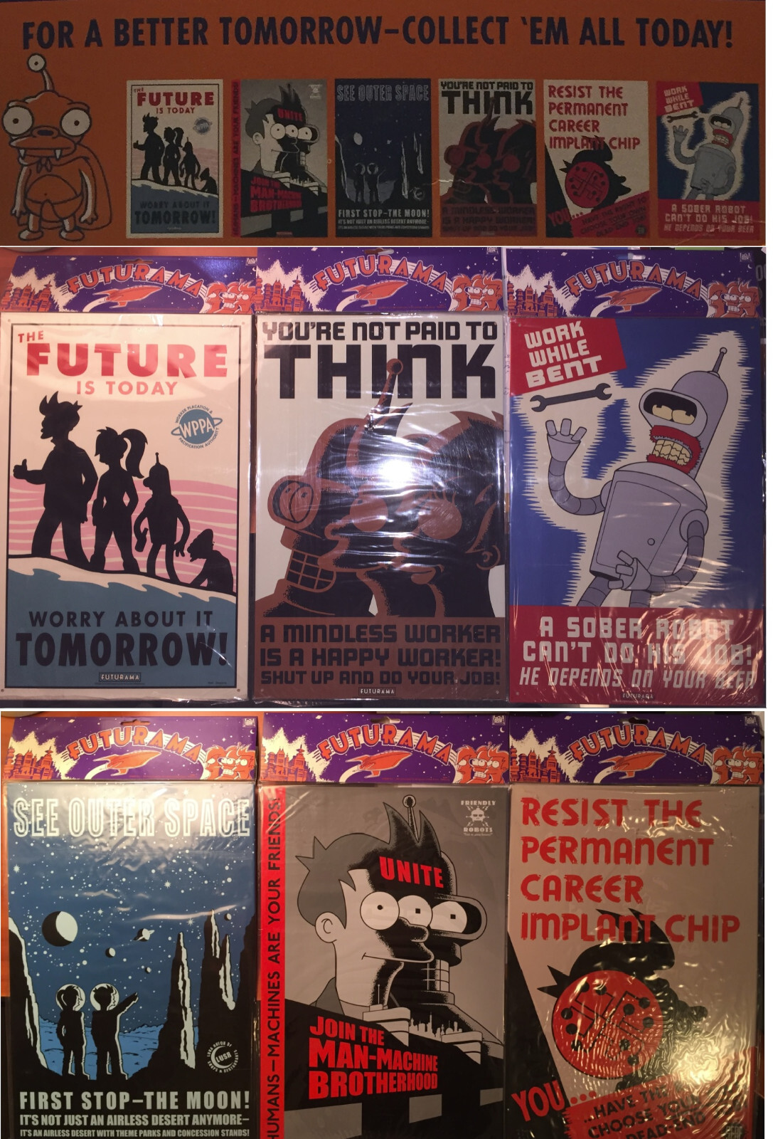 Futurama All Six (6) 16" H x 10" W Collectable Tin Metal Sign Rocket USA = RARE