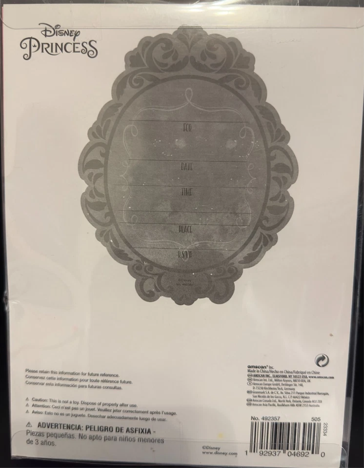 Disney Princess Deluxe Party Invitations – 8 Cards & Envelopes – Glitter NIP - Image 3 of 3