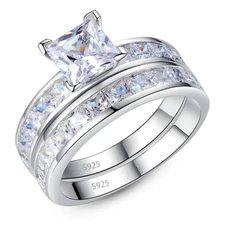 925 Sterling Silver Princess Cut CZ Engagement Ring & Wedding Band Set for Women
