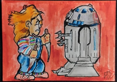 CHUCKY V R2D2 STAR WARS  Pin-Up Mixed ACEO Sketch Card MDL Original Art