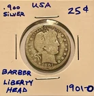 USA 1901 O quarter dollar Barber Liberty Head .900 silver