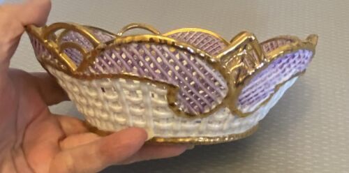 "Ciotola floreale vintage in pizzo viola reticolato oro singhiozzata dipinta a mano 7" - Foto 7 di 12