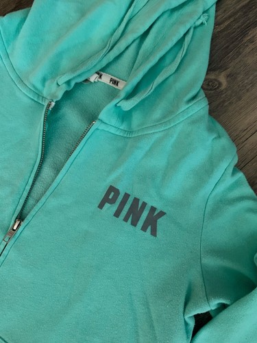 Small Victorias Secret Love Pink Turquoise Full Zip Hoodie Sweatshirt Cotton - Picture 5 of 6