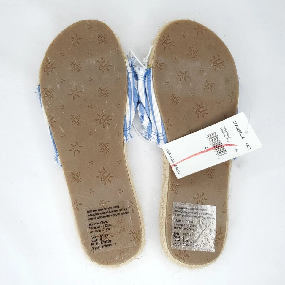 Сандалии-эспадрильи O'Neill без шнуровки размер 6 синяя белая полоса джутовая подошва - Изображение 2 из 2