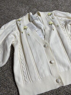 New! NOTES DU NORD Women s Cream Cardigan Yellow Floral Sweater Size Small