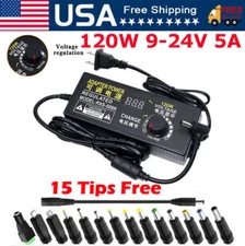 120W Adjustable Voltage Power Supply Adapter Transformer with 15 Plugs 9V-24V 5A