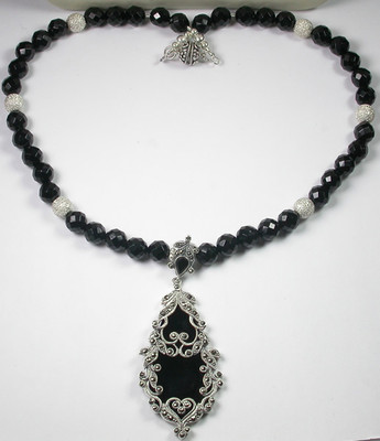 Statement Onyx Marcasite Necklace Sterling Silver Handcrafted Mother of Bride