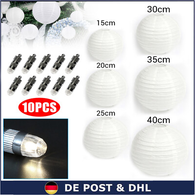 Runde Papierlaternen Weiß mit LED - 10 Stück für Feierdekoration Hochzeitsdeko