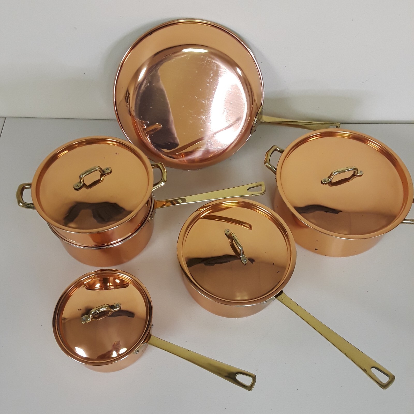 Copper Cookware 10 Piece Set w Lids Brass Handles Pots Saucepans