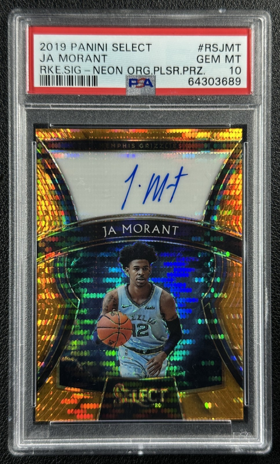 JA MORANT PSA 10 2019 PANINI SELECT ROOKIE AUTO NEON ORANGE PULSAR PRIZM 29/35 view 1