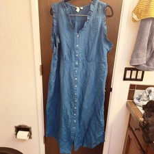 Sundance XXL Linen Blend Empire Bust Ruffle Dress in Teal Blue