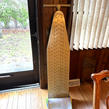 VINTAGE FULL SIZE METAL IRONING BOARD, BEIGE WITH COVER ,VERY STURDY