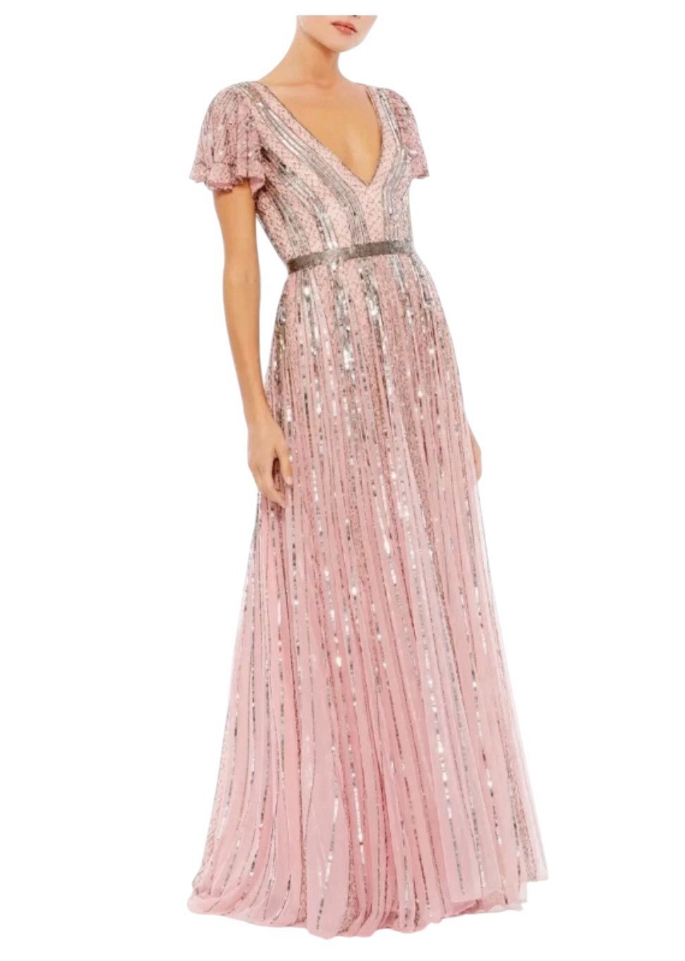 Mac Duggal 70108 Rose Pink Beaded Gown Gunmetal Sequin Stripe Tulle Size 4 $698