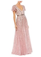 Mac Duggal 70108 Rose Pink Beaded Gown Gunmetal Sequin Stripe Tulle Size 4 $698
