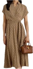 NWT Lauren Ralph Lauren Geo-Print Belted Lined Crepe Dress, 4, Taupe, $195