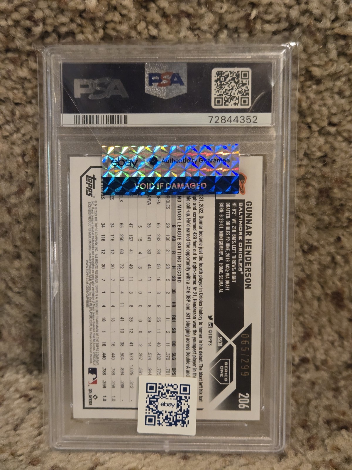 2023 Topps Gunnar Henderson RC Orange Foil 65/299 Orioles PSA 10 Rookie view 2