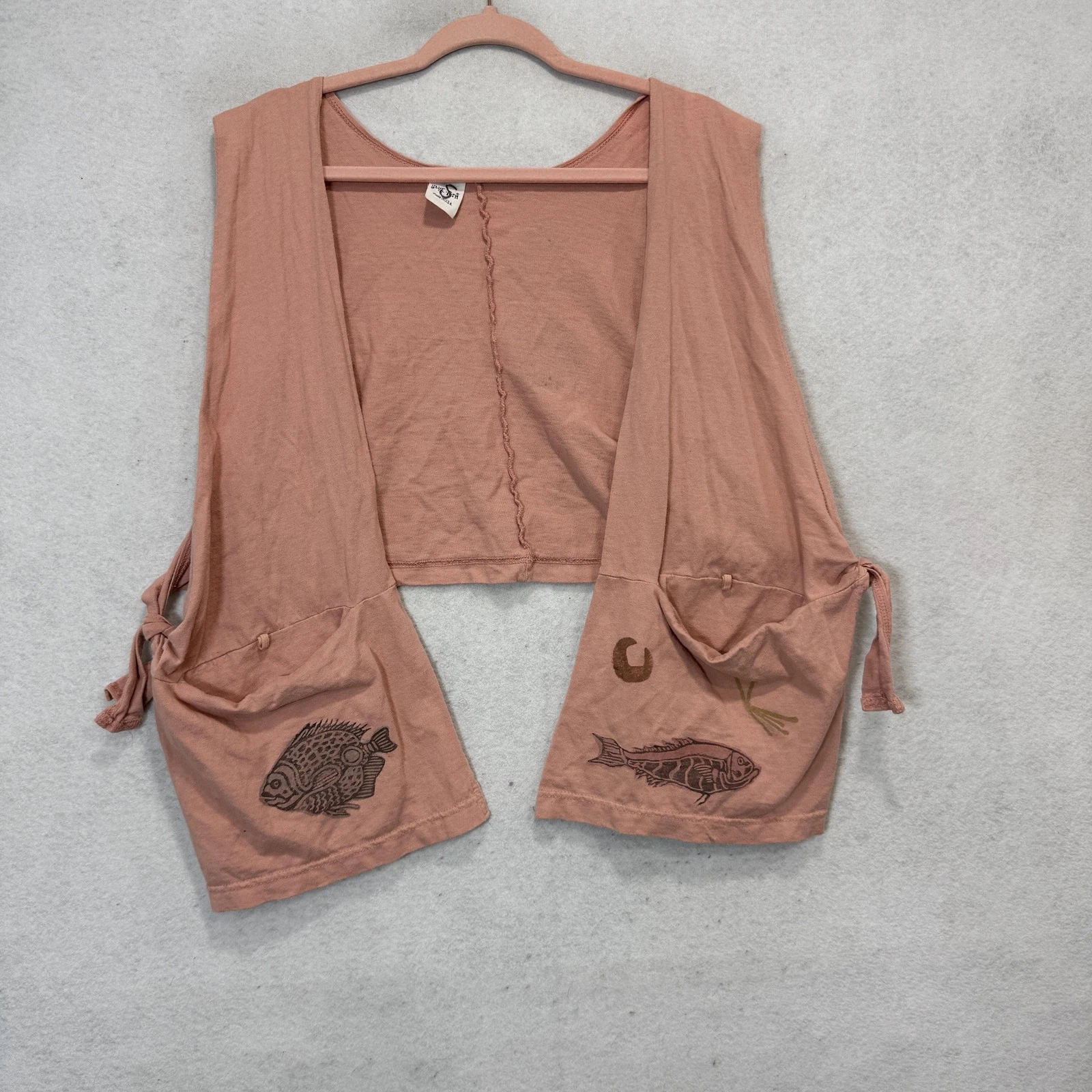 Blue Fish Vest Womens One Size Pink Jersey Open Tie Sides Fish Print Boho