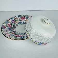 VTG Crown Staffordshire Springtime Floral 2pc Covered Butter Cheese Dish England