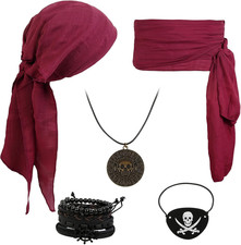 Pirate Costume Accessories Set-Head Scarf,Sash,Belt,Eye Patch,Leather Bracelets
