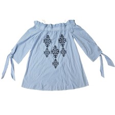Blu Pepper Blue White Striped Embroidered Off Shoulder Dress Size L Cottagecore