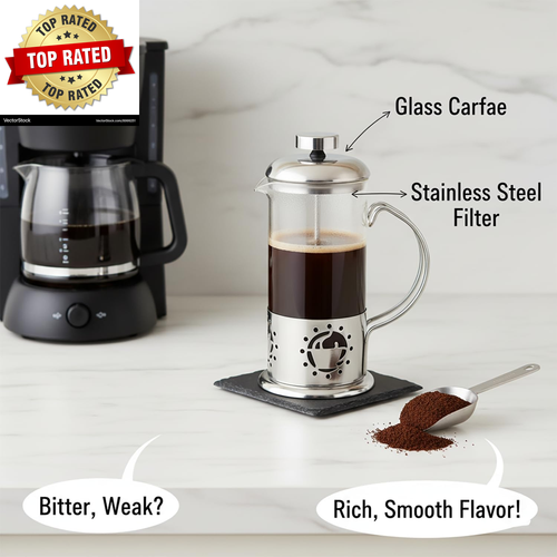 Macchina da caffè monoporzione French Press, 12 oz mini acciaio inox e vetro - Foto 4 di 5