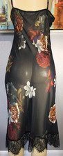 Vtg Floral Black Lace Soft Semi Sheer Nightgown Dress Robe L