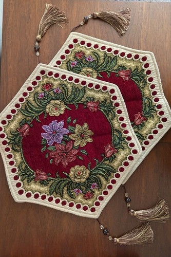 2 Vtg Beaded Tapestry Doily Table Mats HEXAGON Tassels Small Runner Elegant Xmas