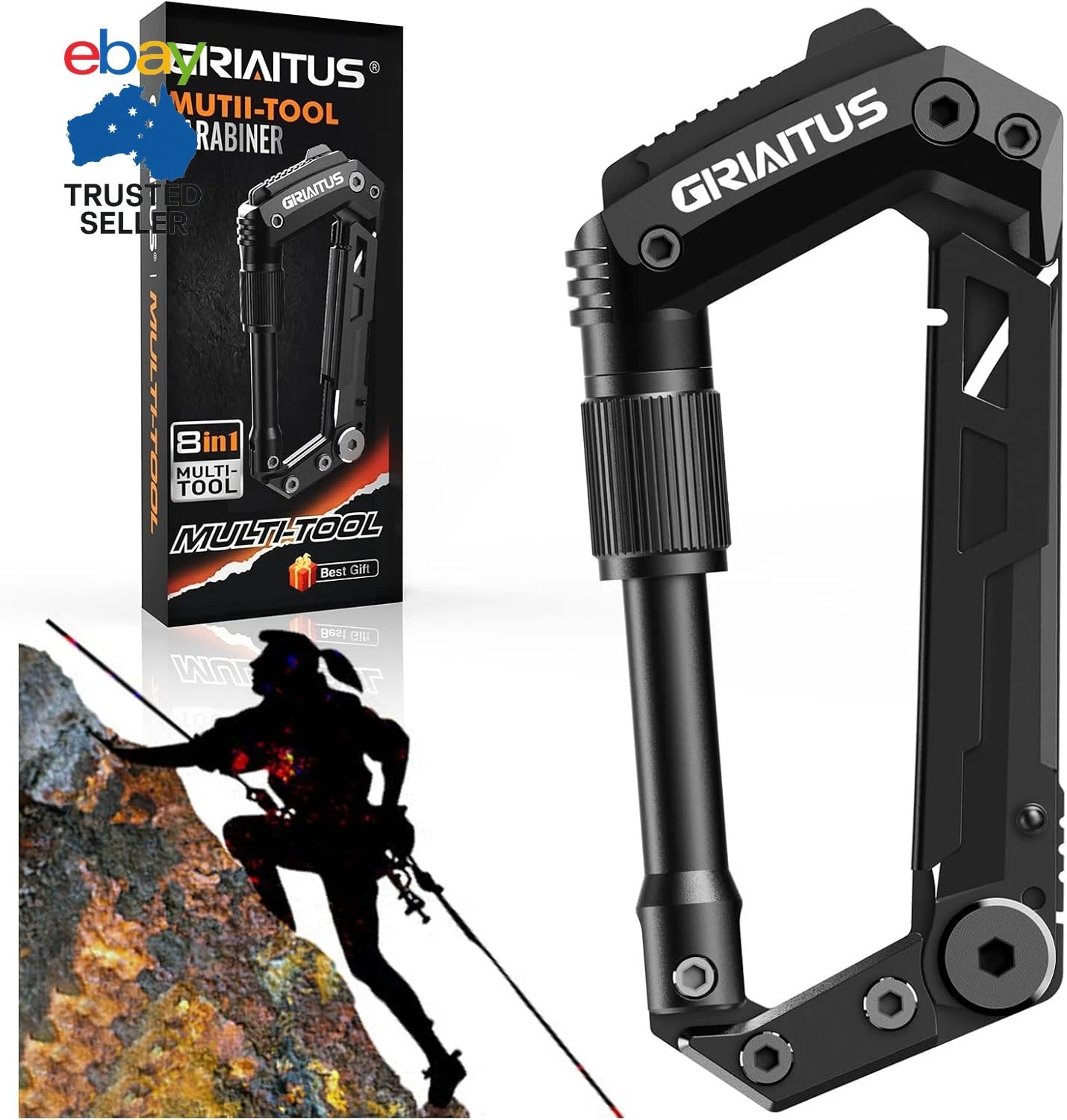 Carabiner Multitool 8-In-1 EDC Carabiners Pocket Knife, Serrated Knife, Rope Cut