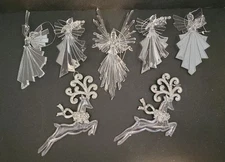 Set of 7 Vintage Clear Acrylic Musical Angels and 2 Reindeer Christmas Ornaments