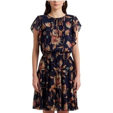 Lauren Ralph Lauren NWT Women's Floral Crinkle Georgette Tie-Neck Dress Size 22W
