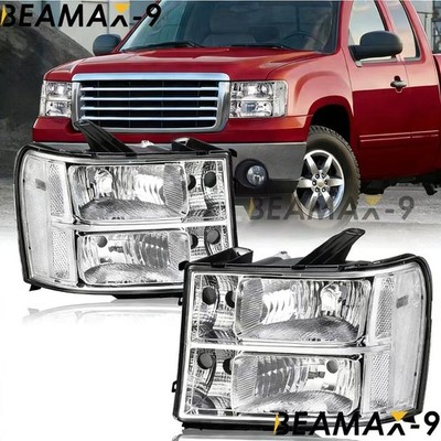 L+R Pair Headlights For 2007-2013 GMC Sierra 1500 2500HD 3500HD Chrome Headlamps