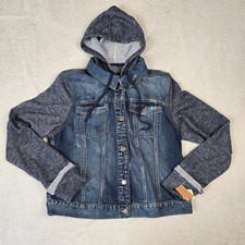 Mudd Jean Jacket Womens Extra Large Denim Sweatshirt Sleeves Hood Casual Rocker